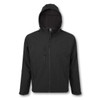 A black softshell jacket featuring a hood, zippered front, and side pockets, with one pocket on the chest.