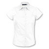 A white short sleeve button-up shirt with a collar, designed for a fitted look. It features a logo.