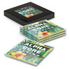 Square glass coasters in vibrant colours, featuring tropical leaves and flowers, presented in a black box with a logo.