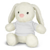 A white rabbit plush toy with long ears and a pink nose, wearing a plain white t-shirt.