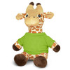 A giraffe plush toy with a yellow and brown patterned body, wearing a green shirt. It has a friendly expression.