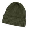 A green beanie with a ribbed design, featuring a folded cuff. It has a logo on it.