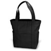 A black canvas tote bag with two long handles and a front pocket. It features a branding logo on the side.