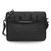 A dark grey laptop bag with handles and a shoulder strap, featuring a logo on the front.