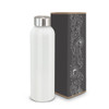 A drink bottle in white aluminium with a silver lid, presented alongside a decorative box featuring a design.