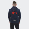 A navy unisex hoodie featuring a logo on the back and a name at the bottom. The design has a casual style.