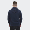 A navy unisex hoodie with a hood, featuring a branding logo at the back.