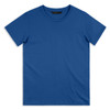 A blue men's t-shirt with a plain design and a round neckline, featuring a logo on the label.