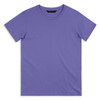 A plain purple men's T-shirt featuring a round neck and short sleeves, with a small logo on the collar.