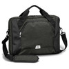 A dark green laptop bag with black accents and a shoulder strap, featuring a logo on the front.