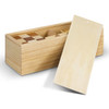A wooden box containing a variety of wooden brain teaser puzzles in different shapes and designs.