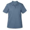 A women's polo shirt in a soft blue colour with a collar and short sleeves, featuring a branding logo.