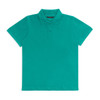 A turquoise women's polo shirt with a classic collar and button placket, featuring short sleeves.