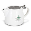 A white teapot with a stainless steel lid and a logo featuring green leaves.