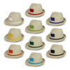 A collection of beige fedora hats with various coloured bands, including green, blue, orange, and yellow, displayed in rows.