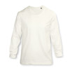 A white long sleeve crew shirt with a simple design and a logo on the chest area.