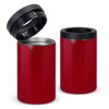 A drink bottle and cooler in glossy red with a black lid, featuring one opened and one closed.