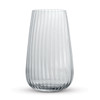 A clear, ribbed glass tumbler with a slightly tapered shape and a smooth base. It features a logo on the side.