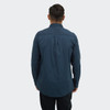 A men's poplin button-up shirt in navy blue, featuring a back pleat and long sleeves. Includes a logo.