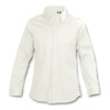 A white button-up shirt for women with long sleeves and a collar, featuring a logo on the front.