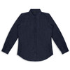 A navy blue button-up men's denim shirt with long sleeves and a collar, featuring a branded label.