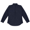 A navy blue women's denim button-up shirt with long sleeves and a collar, featuring a branded logo.