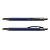 A metal pen in navy blue with a clip and black accents, featuring a sleek design and a branding logo.