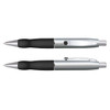 A metal pen in silver and black, featuring a sleek design with a grip and a clip. It has a logo on the side.