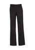 Black women's adjustable waist pants with a straight leg design, featuring a button closure and a logo.