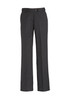 Grey women's adjustable waist slacks with a straight leg style, featuring pockets and a button closure.