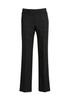 A pair of black women's relaxed stretch wool pants, featuring a straight leg design. There is a logo on the waistband.