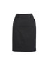 A black multi-pleat women's skirt with a fitted design and discreet branding.