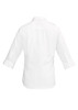 A white women's button-up shirt with 3/4 sleeves and a back view, featuring a logo.
