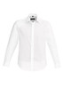 A white long sleeve button-up shirt with a collar and a logo on the label.