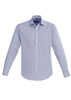 A light blue button-up shirt with long sleeves and a collar, featuring a logo on the chest.
