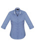 A women's blue and white check 3/4 sleeve button-up shirt with a collar and a logo.