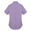 A short-sleeve women's button-up shirt in purple with a checked pattern, featuring a logo on the back.