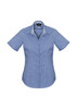 A short sleeve, button-up women's shirt featuring a blue and white checkered pattern and a logo.