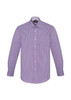 A lilac check patterned long sleeve button-up shirt with a collar and front buttons, featuring a branding logo.