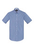 A blue and white checkered short sleeve button-up shirt with a pocket and a logo on the collar.