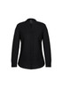 A black long sleeve blouse with a button-up design and collar. The shirt has a sleek, minimalist style.