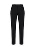 A pair of black slim fit flat front pants with a sleek design and a branding logo on the waistband.