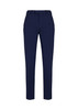 Slim fit flat front pants in navy blue, featuring a sleek design and a waistband with a logo.