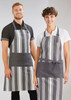 A striped grey and white apron is worn by a smiling man and woman. The aprons have a logo on them.