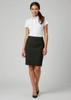 A knee-length black skirt worn with a white shirt, featuring a fitted silhouette and a logo on the waistband.