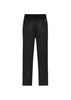 A pair of black track pants featuring an elastic waistband and back pockets, with a logo tag.