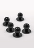 A set of five black chef jacket buttons with a round top and a flat base.