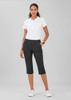 A pair of women's black 3/4 length stretch pants displayed on a model wearing a white polo shirt.