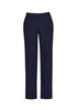 Navy women's straight leg pants with a comfort waist, featuring two front pockets and a button closure.