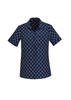 A short sleeve button-up shirt featuring a navy blue daisy print pattern and a chest pocket.